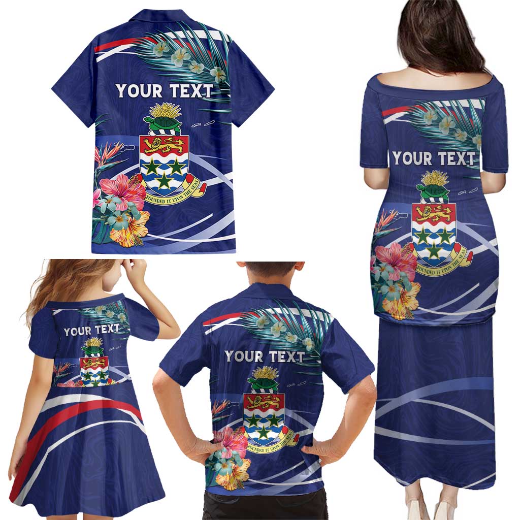 Personalized Cayman Islands Family Matching Puletasi and Hawaiian Shirt Coat Of Arms Tropical Flowers