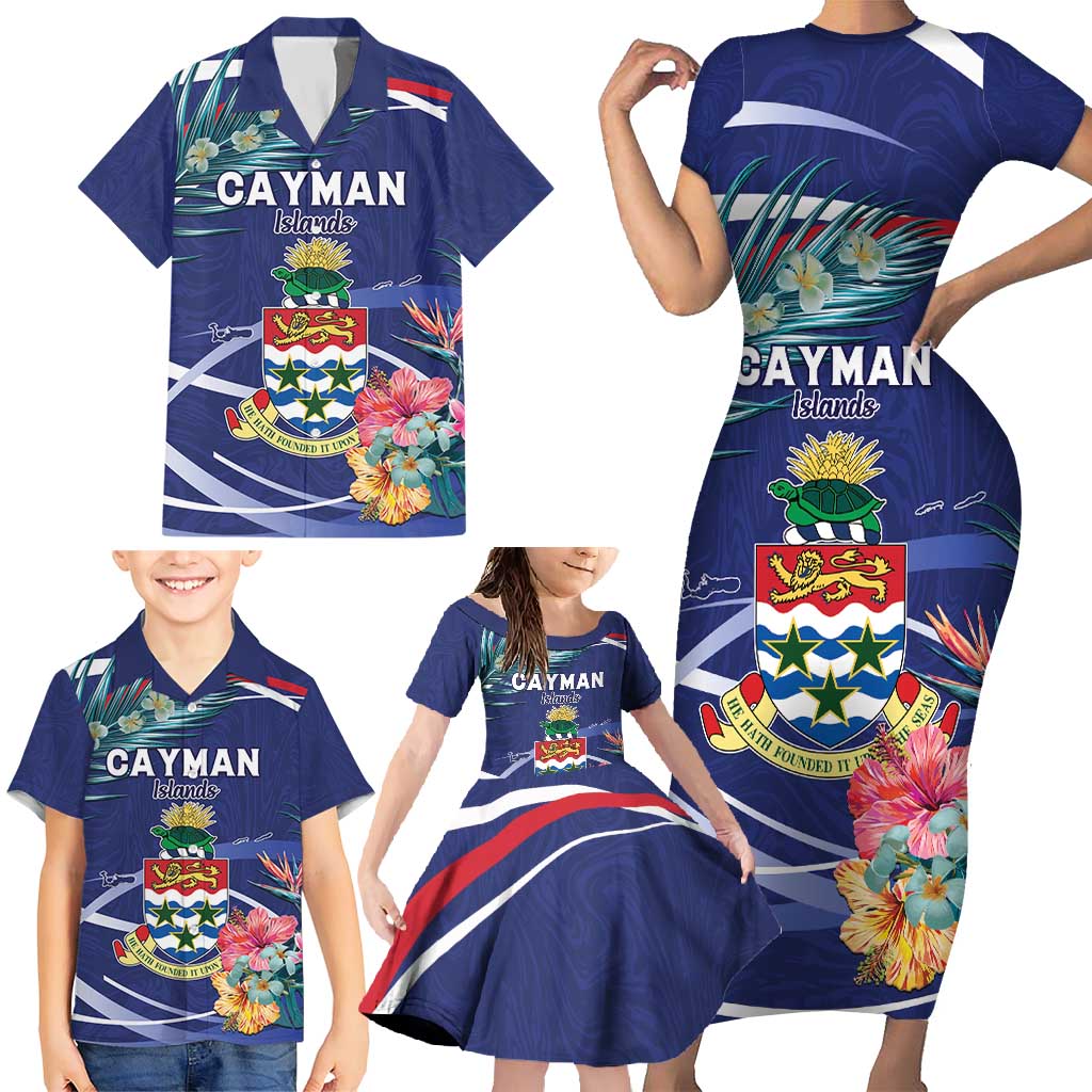 Personalized Cayman Islands Family Matching Short Sleeve Bodycon Dress and Hawaiian Shirt Coat Of Arms Tropical Flowers
