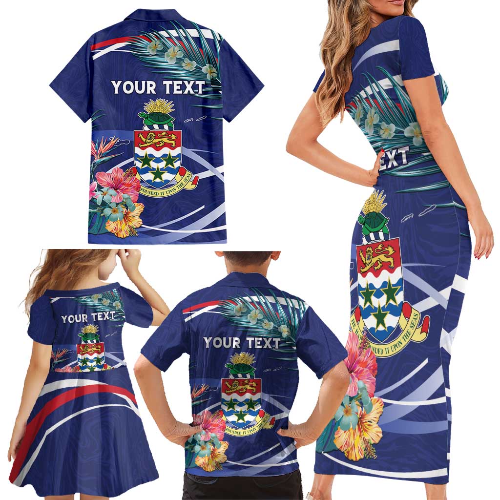 Personalized Cayman Islands Family Matching Short Sleeve Bodycon Dress and Hawaiian Shirt Coat Of Arms Tropical Flowers