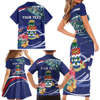 Personalized Cayman Islands Family Matching Short Sleeve Bodycon Dress and Hawaiian Shirt Coat Of Arms Tropical Flowers