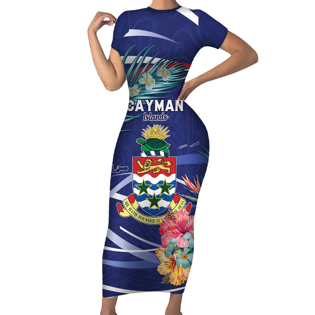 Personalized Cayman Islands Family Matching Short Sleeve Bodycon Dress and Hawaiian Shirt Coat Of Arms Tropical Flowers