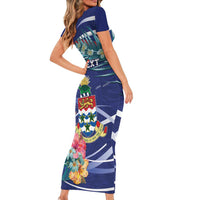 Personalized Cayman Islands Family Matching Short Sleeve Bodycon Dress and Hawaiian Shirt Coat Of Arms Tropical Flowers