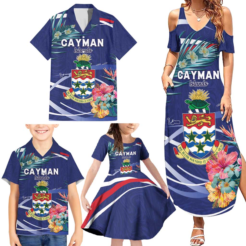 Personalized Cayman Islands Family Matching Summer Maxi Dress and Hawaiian Shirt Coat Of Arms Tropical Flowers
