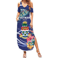 Personalized Cayman Islands Family Matching Summer Maxi Dress and Hawaiian Shirt Coat Of Arms Tropical Flowers