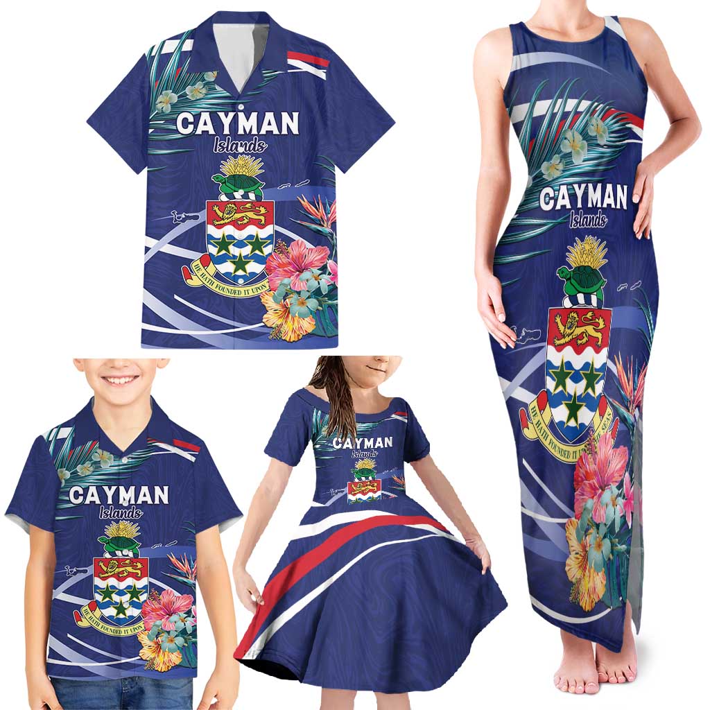 Personalized Cayman Islands Family Matching Tank Maxi Dress and Hawaiian Shirt Coat Of Arms Tropical Flowers