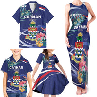Personalized Cayman Islands Family Matching Tank Maxi Dress and Hawaiian Shirt Coat Of Arms Tropical Flowers