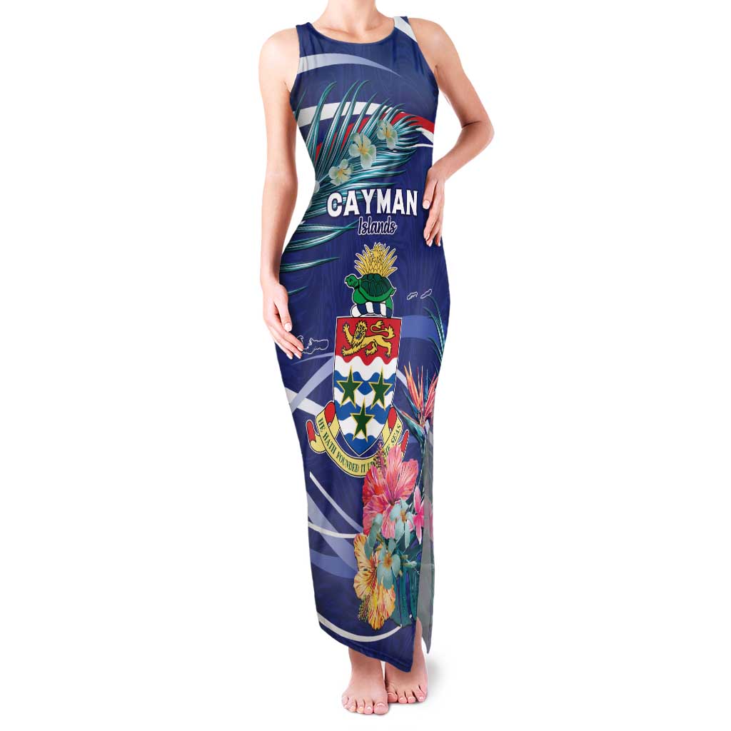 Personalized Cayman Islands Family Matching Tank Maxi Dress and Hawaiian Shirt Coat Of Arms Tropical Flowers