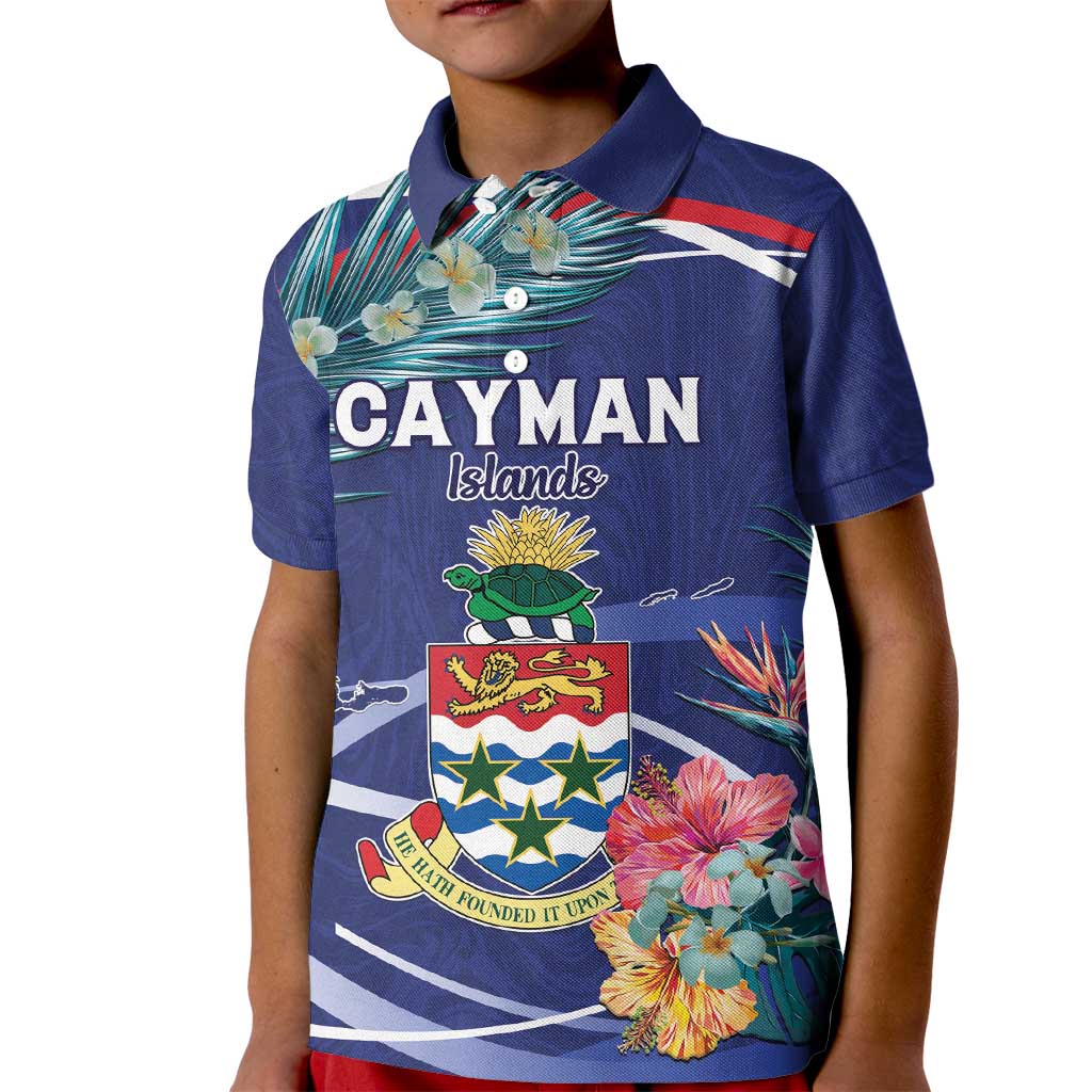 Personalized Cayman Islands Kid Polo Shirt Coat Of Arms Tropical Flowers