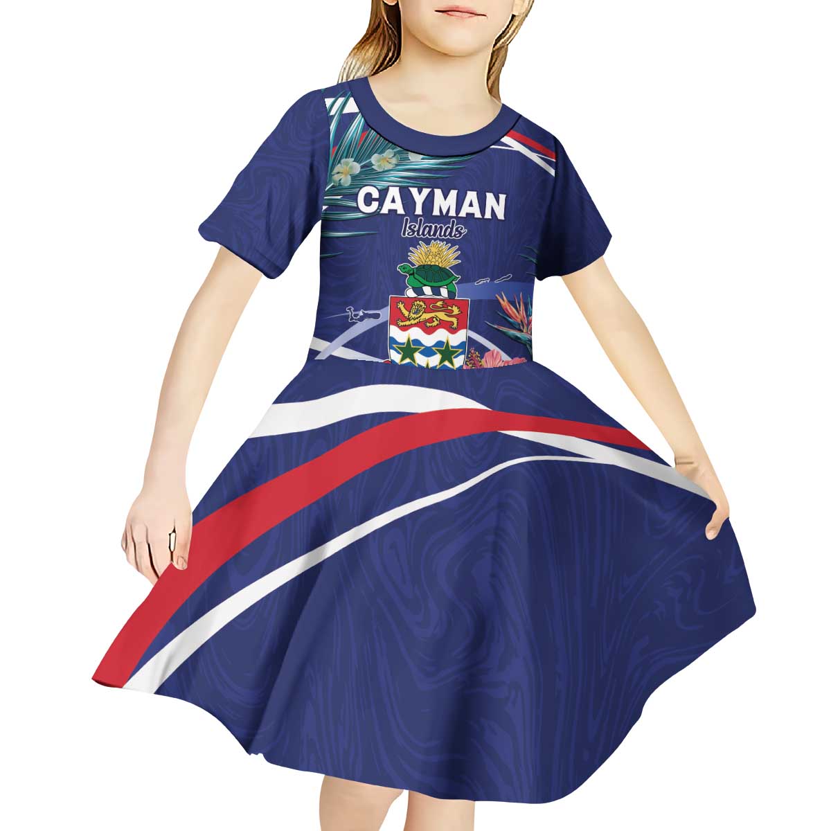 Personalized Cayman Islands Kid Short Sleeve Dress Coat Of Arms Tropical Flowers