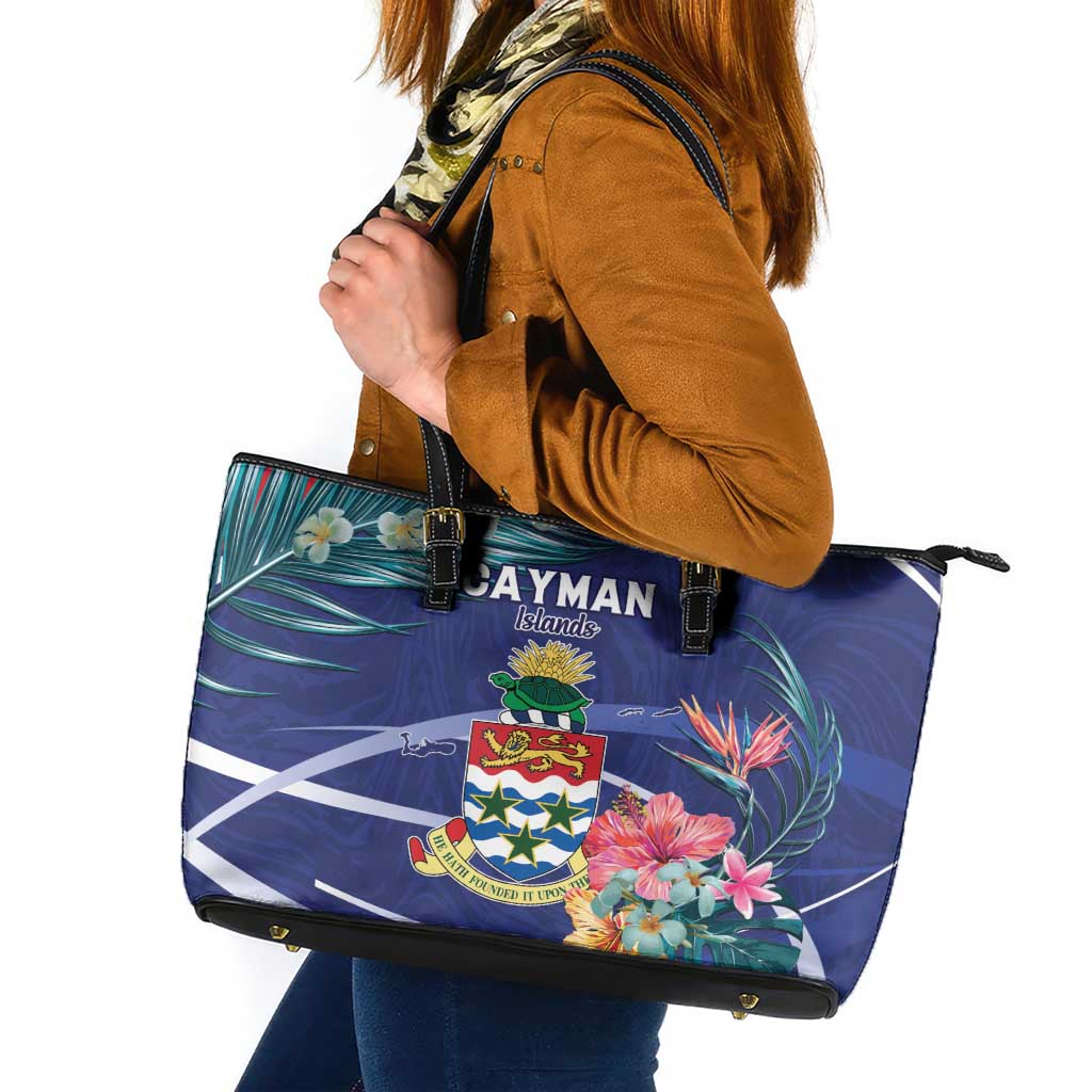 Personalized Cayman Islands Leather Tote Bag Coat Of Arms Tropical Flowers