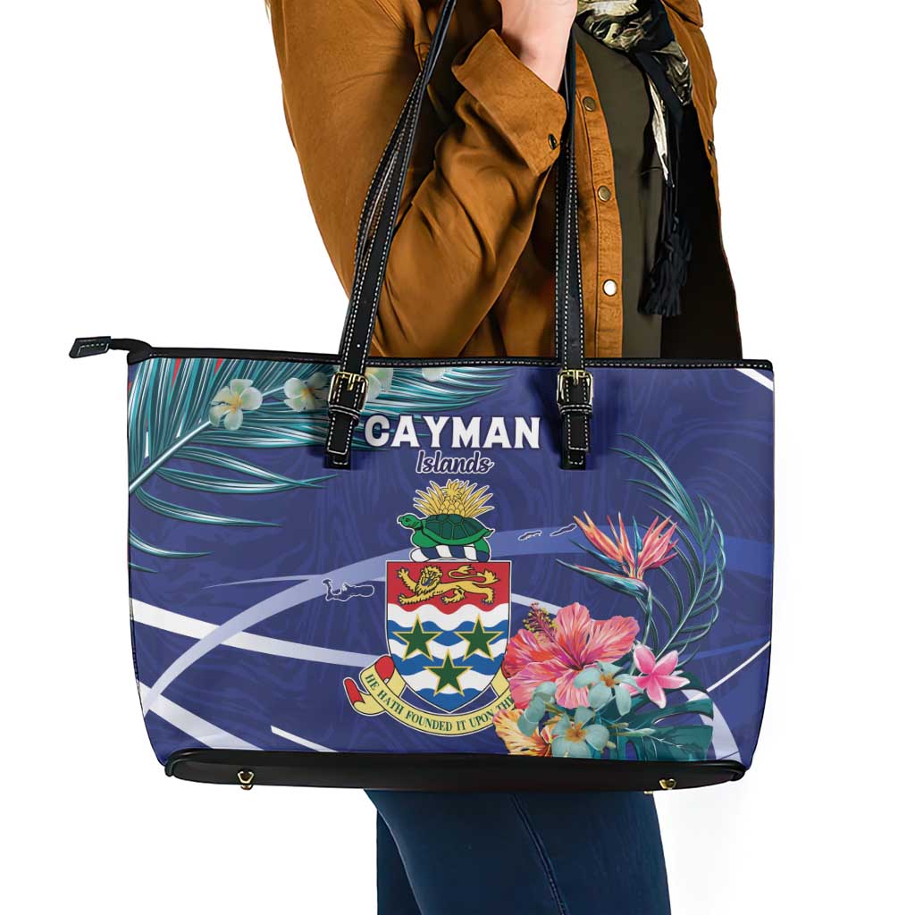 Personalized Cayman Islands Leather Tote Bag Coat Of Arms Tropical Flowers