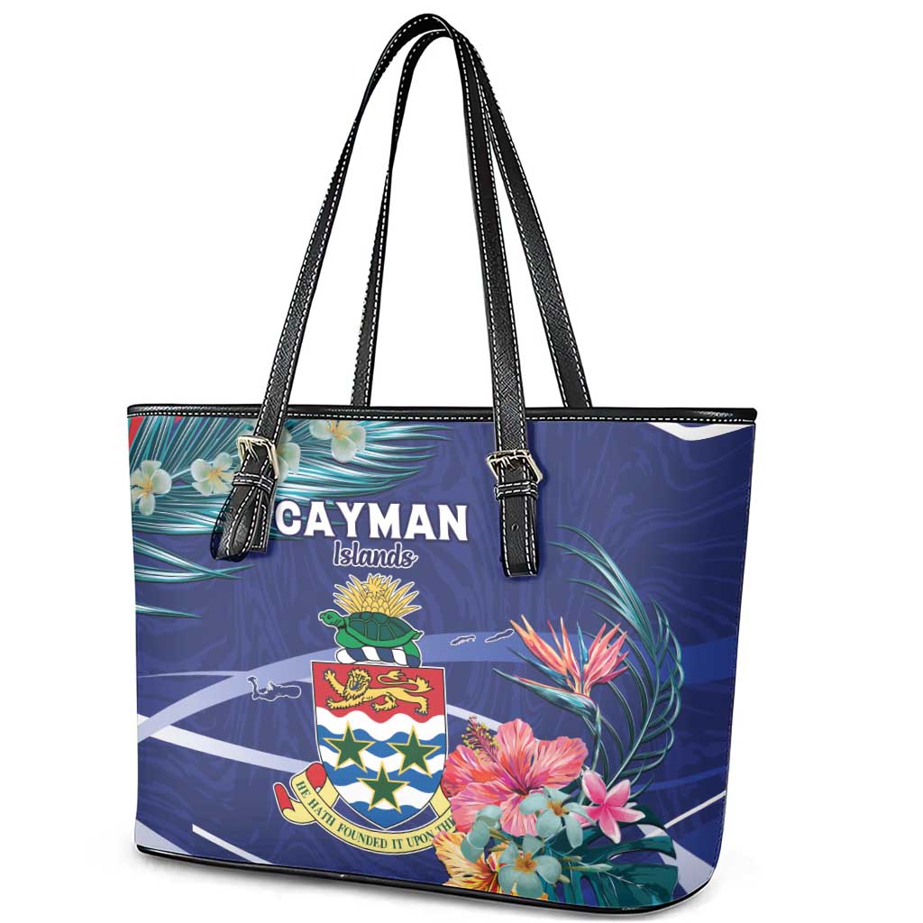 Personalized Cayman Islands Leather Tote Bag Coat Of Arms Tropical Flowers