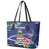 Personalized Cayman Islands Leather Tote Bag Coat Of Arms Tropical Flowers