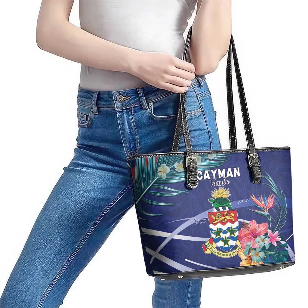 Personalized Cayman Islands Leather Tote Bag Coat Of Arms Tropical Flowers