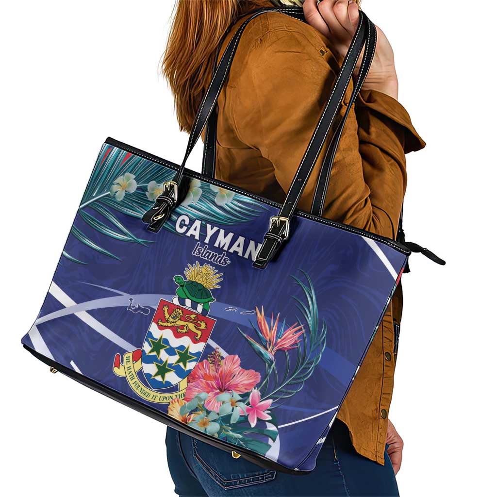 Personalized Cayman Islands Leather Tote Bag Coat Of Arms Tropical Flowers