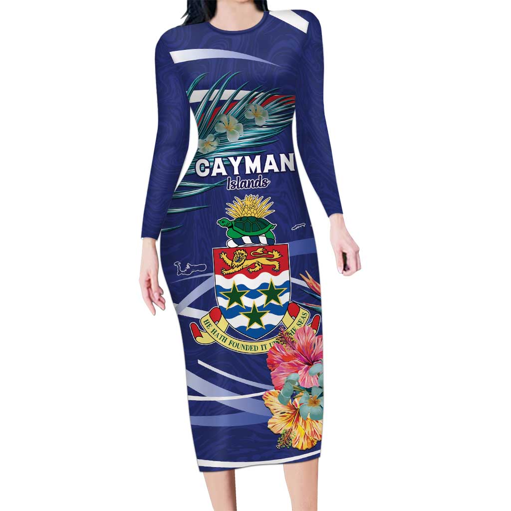 Personalized Cayman Islands Long Sleeve Bodycon Dress Coat Of Arms Tropical Flowers