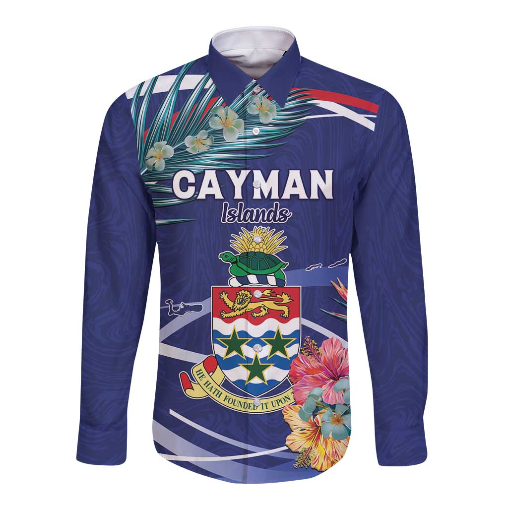 Personalized Cayman Islands Long Sleeve Button Shirt Coat Of Arms Tropical Flowers