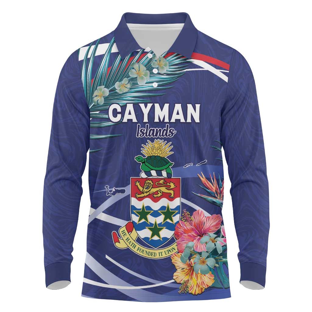 Personalized Cayman Islands Long Sleeve Polo Shirt Coat Of Arms Tropical Flowers