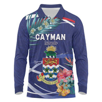 Personalized Cayman Islands Long Sleeve Polo Shirt Coat Of Arms Tropical Flowers