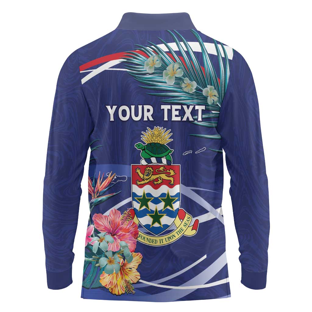 Personalized Cayman Islands Long Sleeve Polo Shirt Coat Of Arms Tropical Flowers