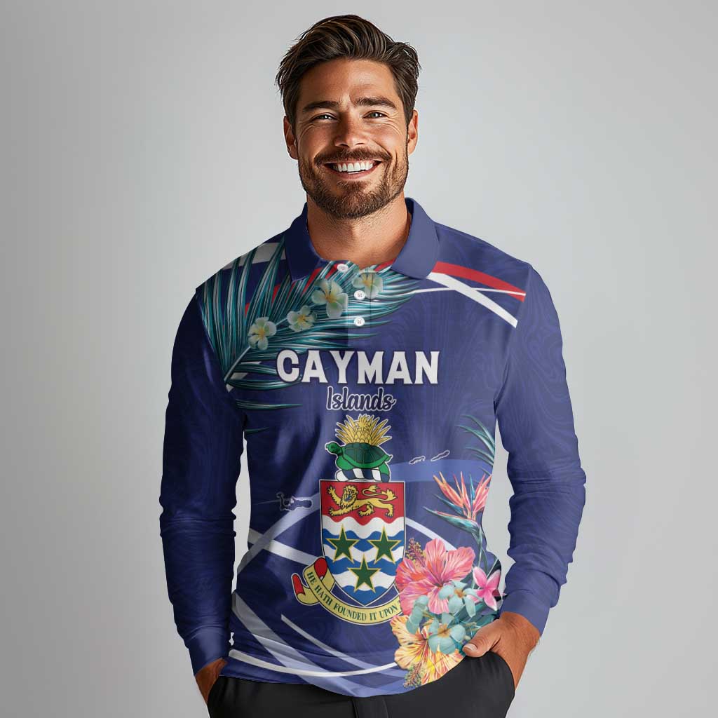 Personalized Cayman Islands Long Sleeve Polo Shirt Coat Of Arms Tropical Flowers