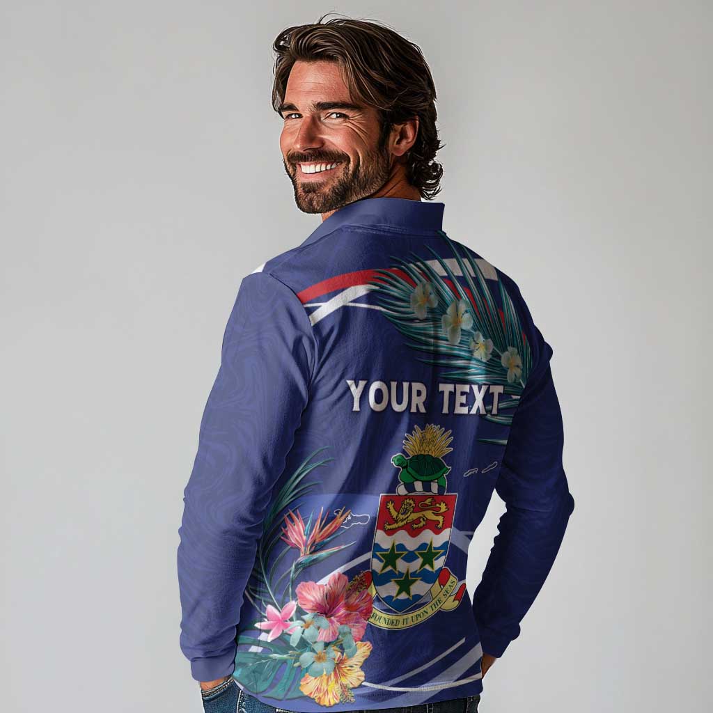 Personalized Cayman Islands Long Sleeve Polo Shirt Coat Of Arms Tropical Flowers