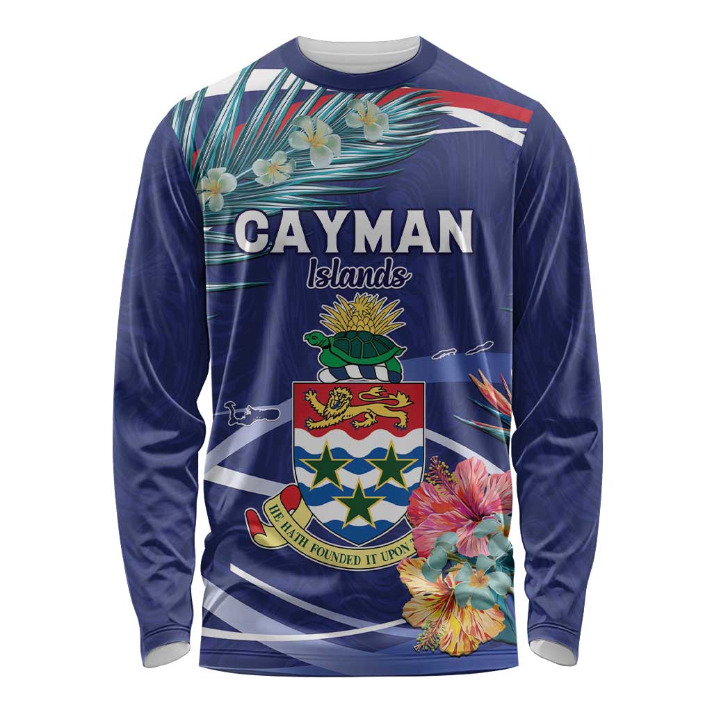 Personalized Cayman Islands Long Sleeve Shirt Coat Of Arms Tropical Flowers