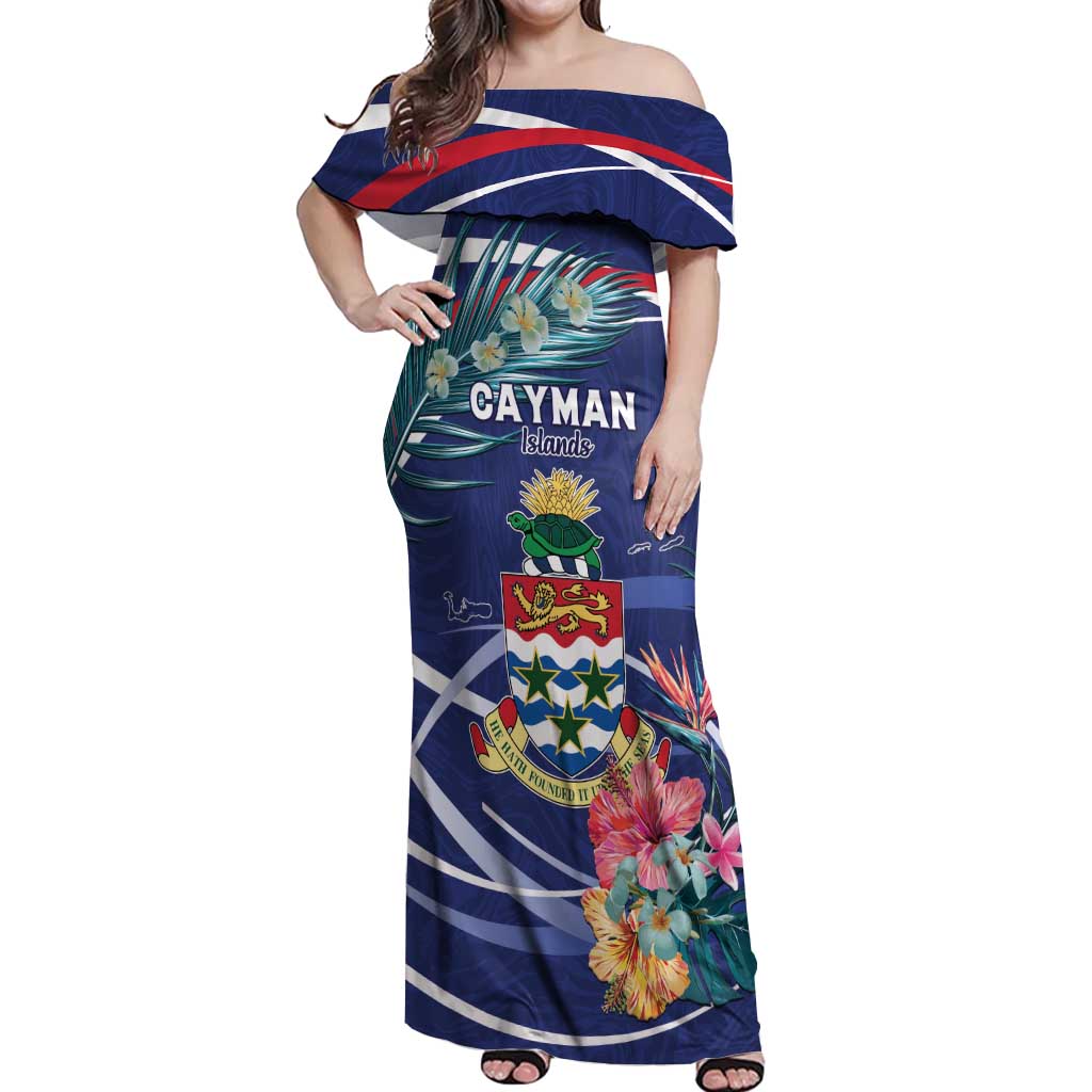Personalized Cayman Islands Off Shoulder Maxi Dress Coat Of Arms Tropical Flowers