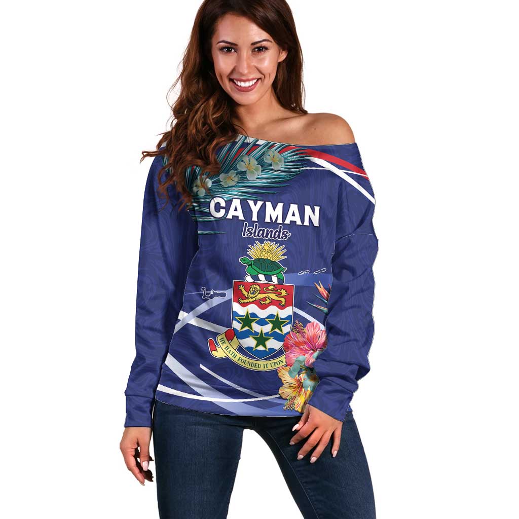 Personalized Cayman Islands Off Shoulder Sweater Coat Of Arms Tropical Flowers