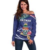Personalized Cayman Islands Off Shoulder Sweater Coat Of Arms Tropical Flowers