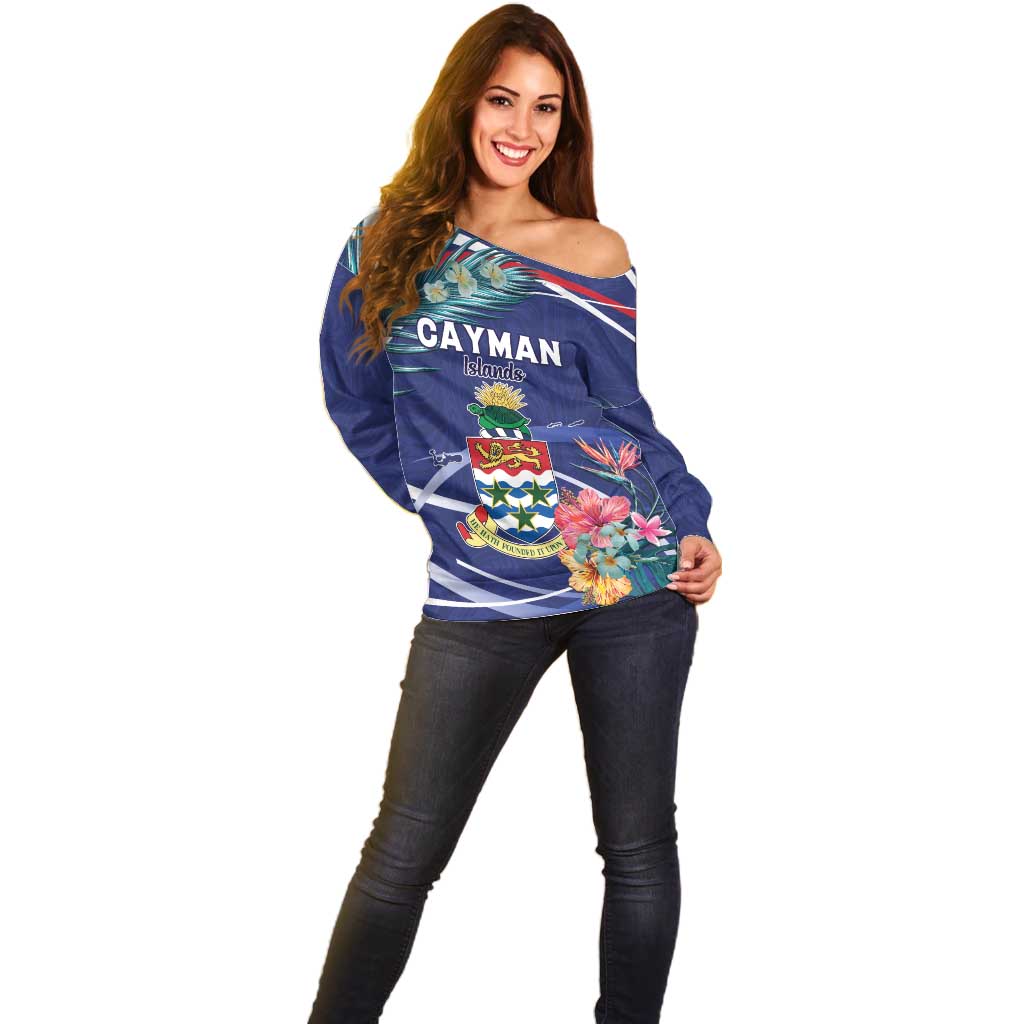 Personalized Cayman Islands Off Shoulder Sweater Coat Of Arms Tropical Flowers