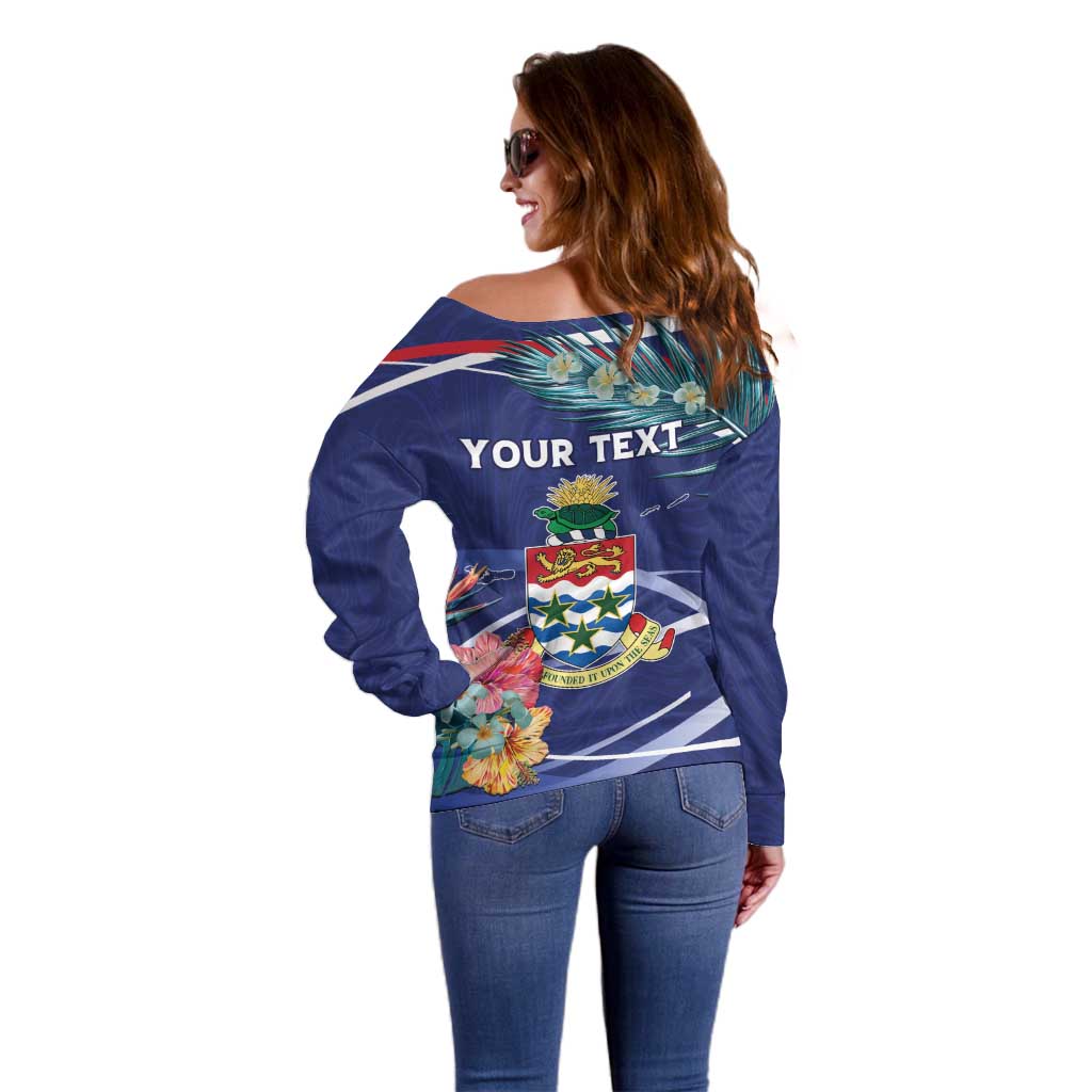 Personalized Cayman Islands Off Shoulder Sweater Coat Of Arms Tropical Flowers