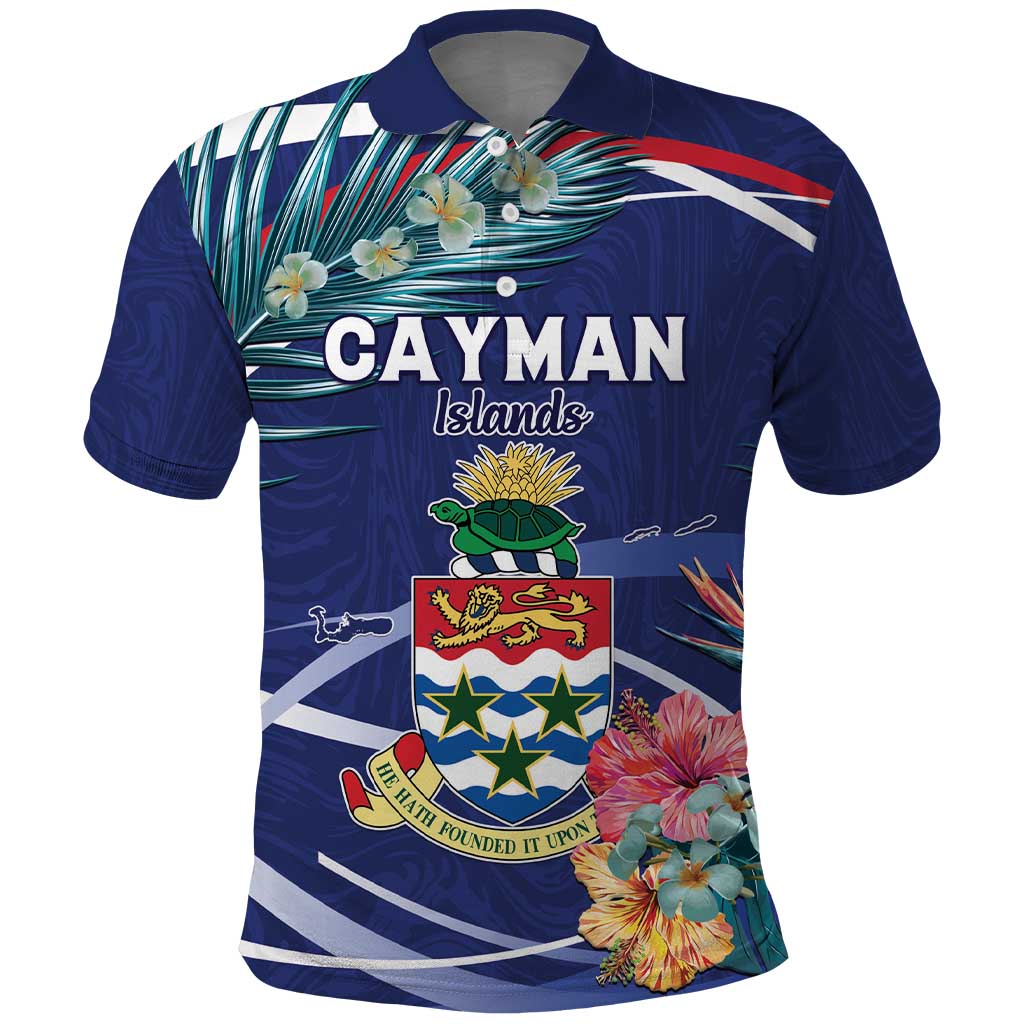 Personalized Cayman Islands Polo Shirt Coat Of Arms Tropical Flowers