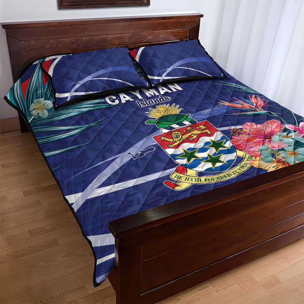 Personalized Cayman Islands Quilt Bed Set Coat Of Arms Tropical Flowers