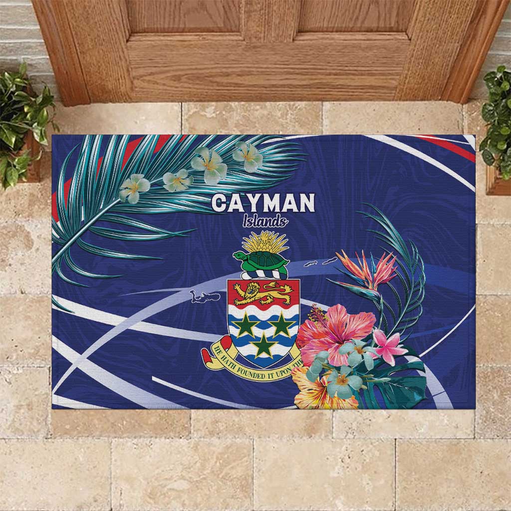 Personalized Cayman Islands Rubber Doormat Coat Of Arms Tropical Flowers