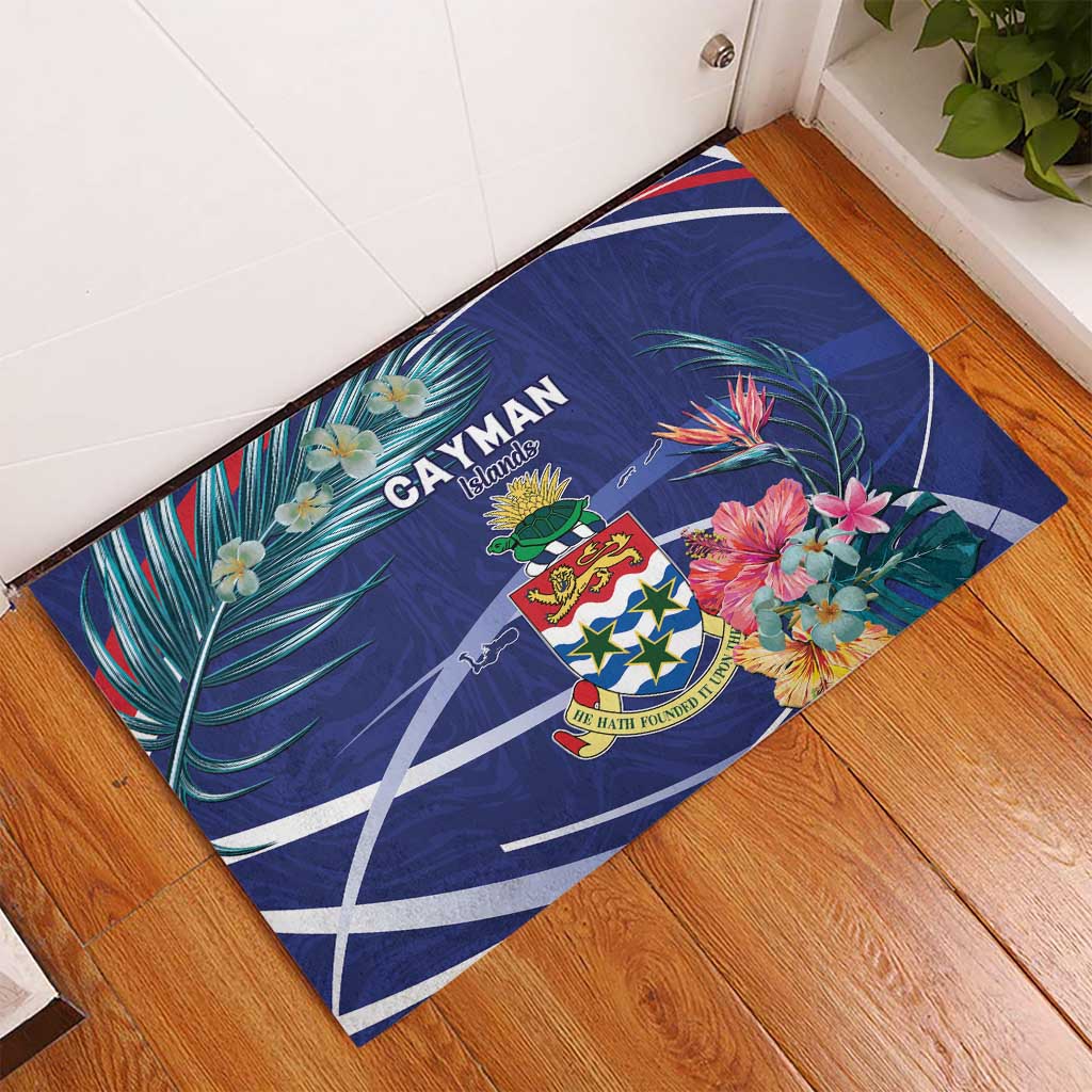Personalized Cayman Islands Rubber Doormat Coat Of Arms Tropical Flowers