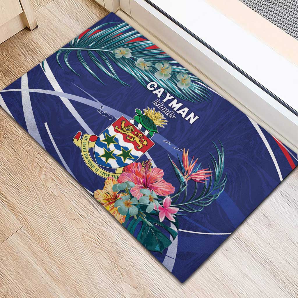 Personalized Cayman Islands Rubber Doormat Coat Of Arms Tropical Flowers