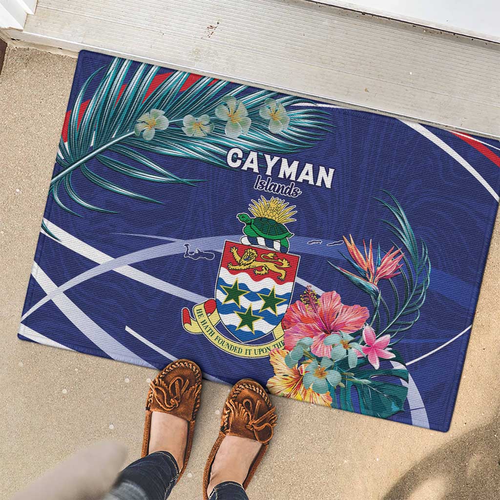 Personalized Cayman Islands Rubber Doormat Coat Of Arms Tropical Flowers