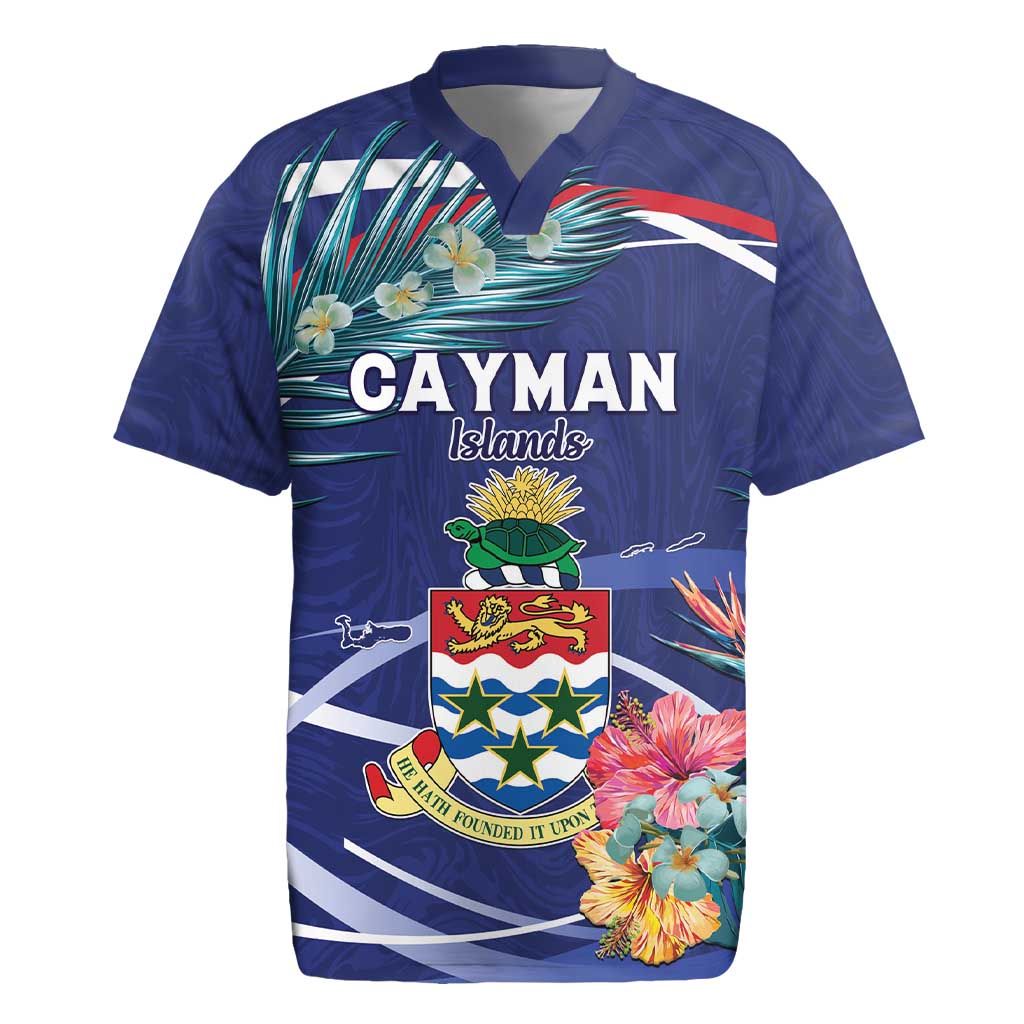 Personalized Cayman Islands Rugby Jersey Coat Of Arms Tropical Flowers