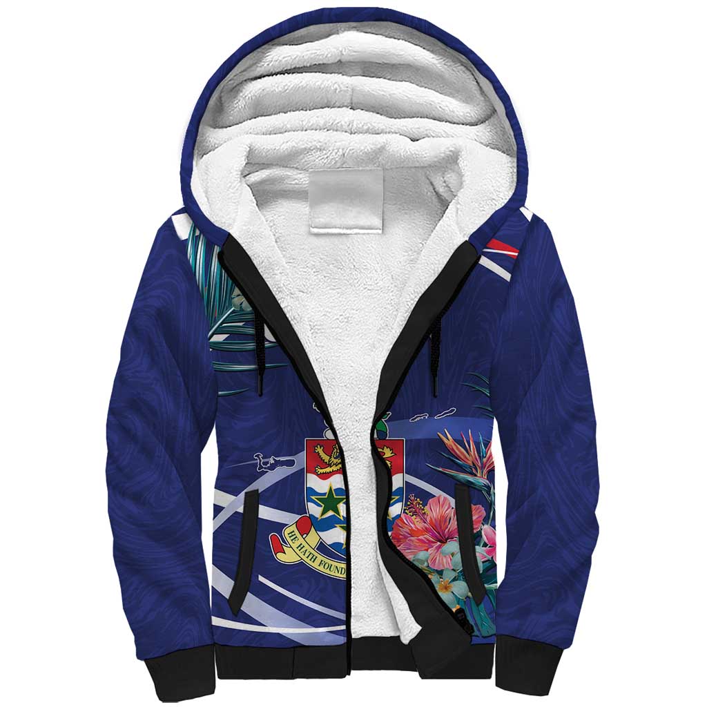 Personalized Cayman Islands Sherpa Hoodie Coat Of Arms Tropical Flowers