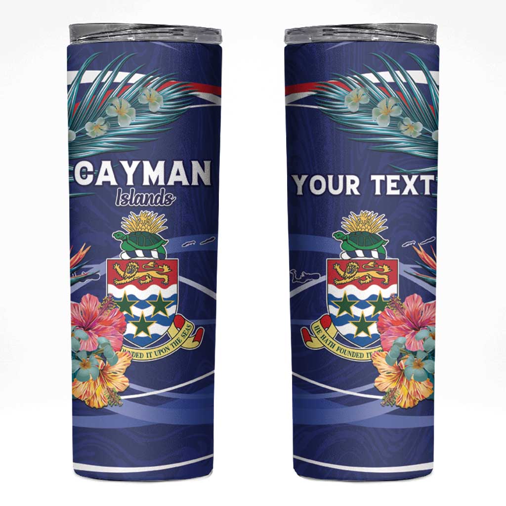 Personalized Cayman Islands Skinny Tumbler Coat Of Arms Tropical Flowers