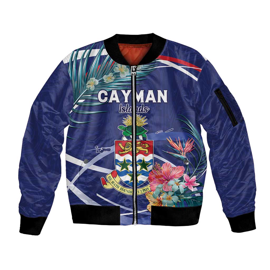 Personalized Cayman Islands Sleeve Zip Bomber Jacket Coat Of Arms Tropical Flowers