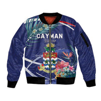 Personalized Cayman Islands Sleeve Zip Bomber Jacket Coat Of Arms Tropical Flowers