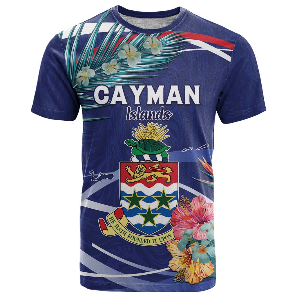 Personalized Cayman Islands T Shirt Coat Of Arms Tropical Flowers