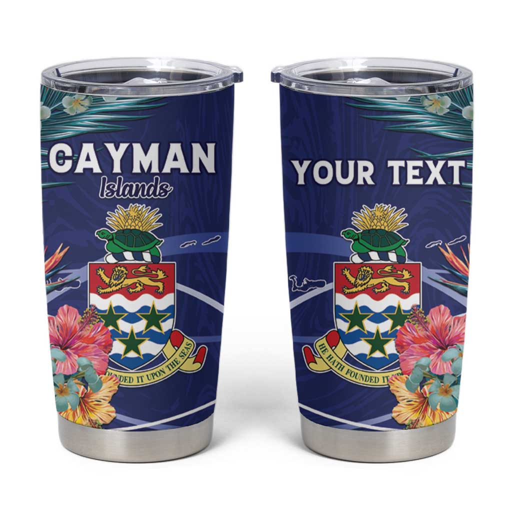Personalized Cayman Islands Tumbler Cup Coat Of Arms Tropical Flowers
