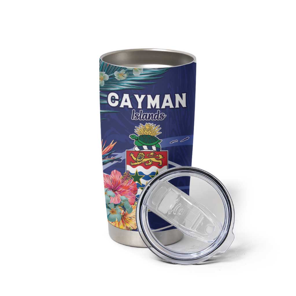 Personalized Cayman Islands Tumbler Cup Coat Of Arms Tropical Flowers