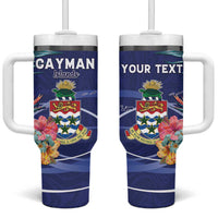 Personalized Cayman Islands Tumbler With Handle Coat Of Arms Tropical Flowers