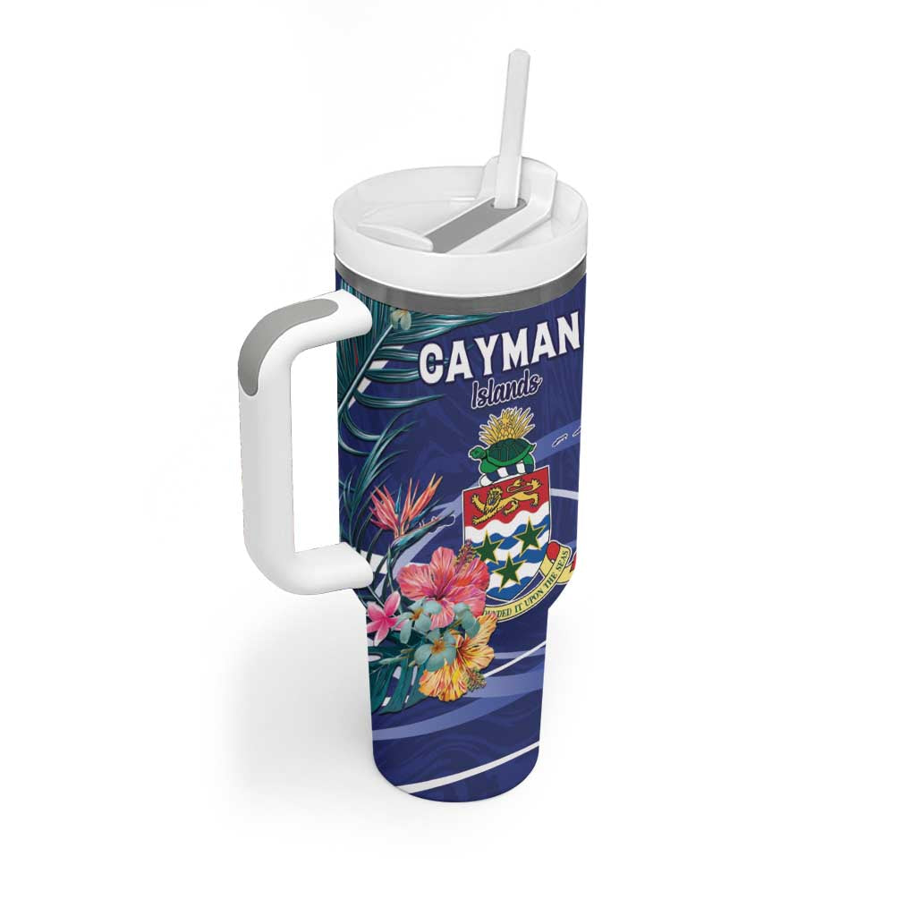 Personalized Cayman Islands Tumbler With Handle Coat Of Arms Tropical Flowers