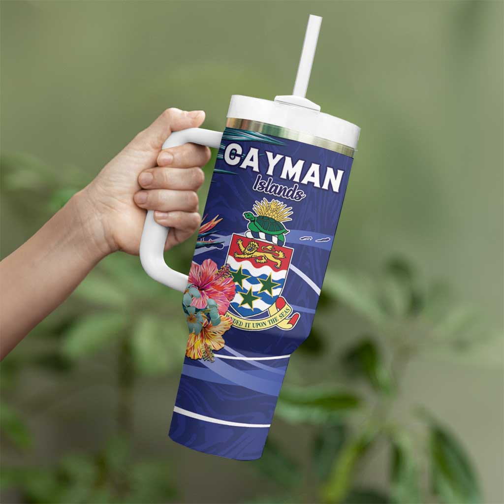 Personalized Cayman Islands Tumbler With Handle Coat Of Arms Tropical Flowers