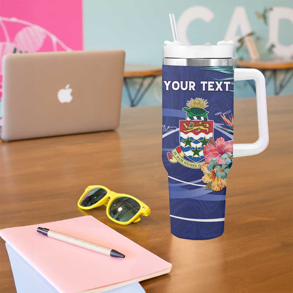 Personalized Cayman Islands Tumbler With Handle Coat Of Arms Tropical Flowers